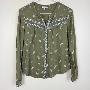 Lucky Brand Top Womens Medium Olive Green Floral V-Neck Long Sleeve Button Front